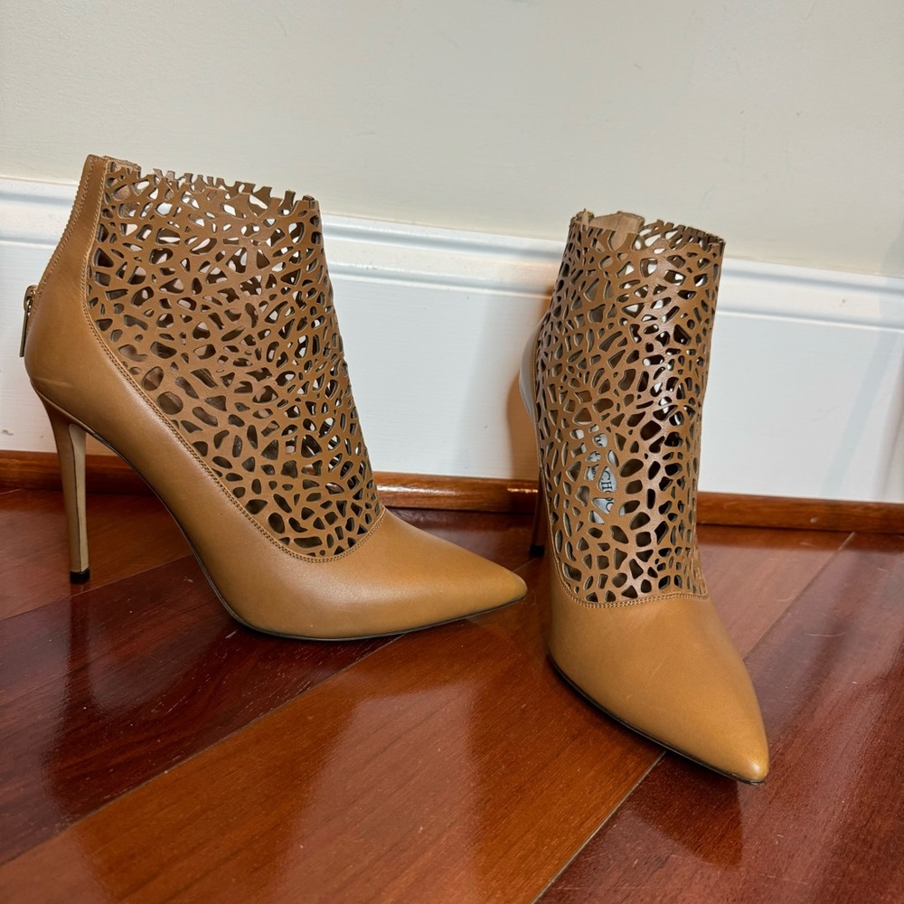 Jimmy Choo Brown Leather Maurice Laser Cut Leather Heels Boots Booties